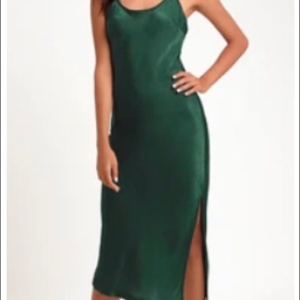 Lulu’s Caulmond Forest Green Satin Midi Slip Dress